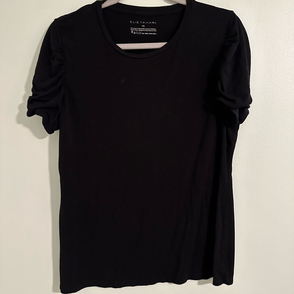 Elie Tahari Womens Tiered Puff Sleeve T-Shirt Crew Neck Black Large